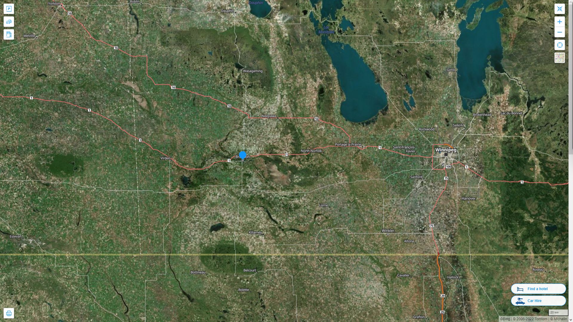 Brandon Canada Autoroute et carte routiere avec vue satellite